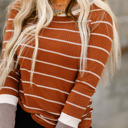 Medium Brown Color Block Cuffs Rib Knit Striped Pullover