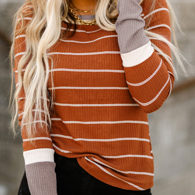 Brown Color Block Cuffs Rib Knit Striped Pullover