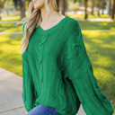 Small Green Bubblegum V-Neck Braided Knit Sweater