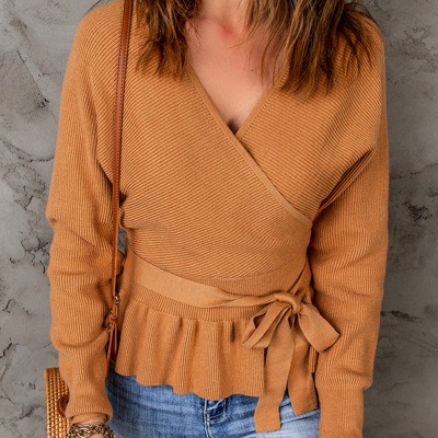Ribbed Knit Front Wrap Sweater 