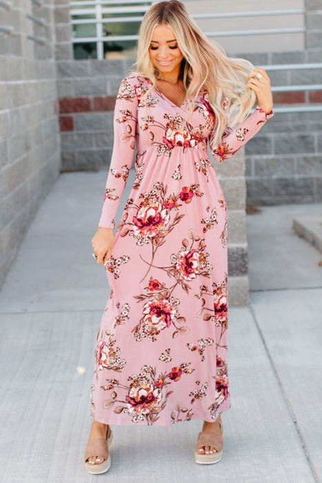 Pink Floral Long Sleeve V-Neck Maxi Dress