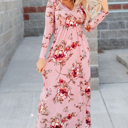  Pink Floral Long Sleeve V-Neck Maxi Dress