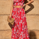 XL Red Floral Ruffled Crop Top and Maxi Skirt Set