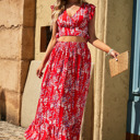 Small Red Floral Ruffled Crop Top and Maxi Skirt Set
