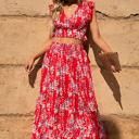 Medium Red Floral Ruffled Crop Top and Maxi Skirt Set