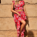 Large Red Floral Ruffled Crop Top and Maxi Skirt Set