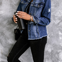 Large Distressed Raw Hem Buttons Denim Jacket