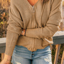 Large Zipper V-neck Dropped Sleeve Hooded Solid Sweater