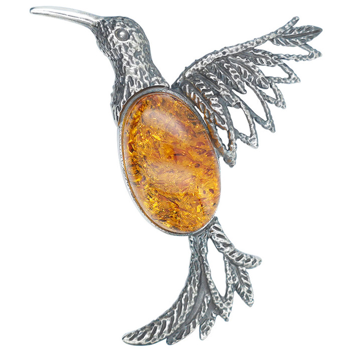 Cognac Amber Sterling Silver Hummingbird Handmade Pendant