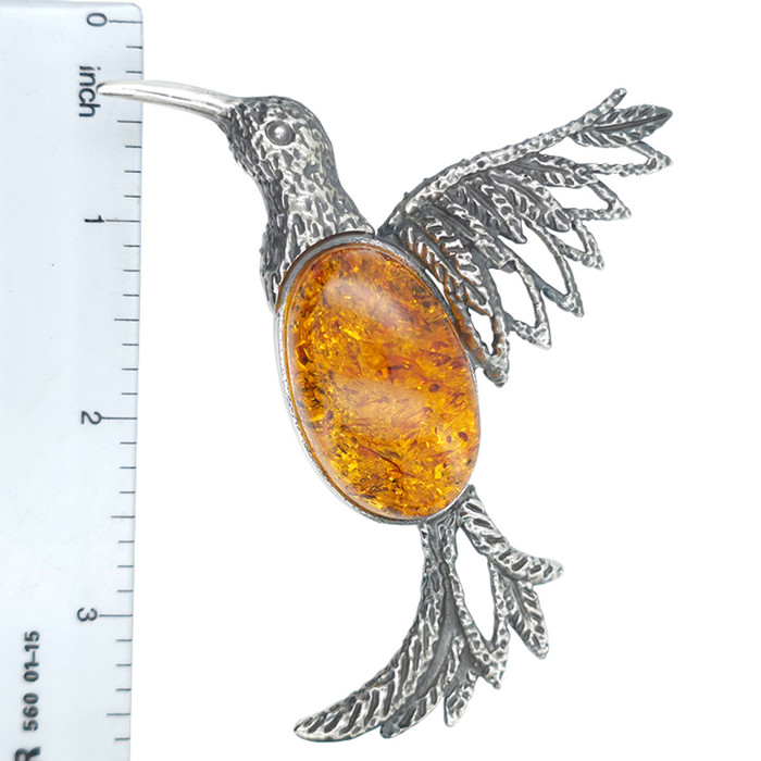 Cognac Amber Sterling Silver Hummingbird Handmade Pendant