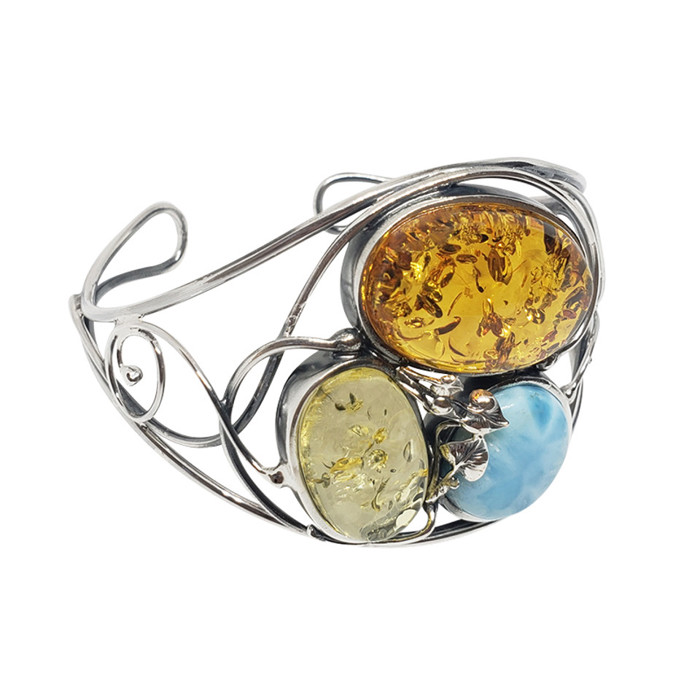 Multi-Color Amber/Larimar Handmade Cuff Bracelet
