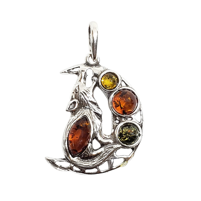 Baltic Amber Wolf on the Moon Pendant Jewelry