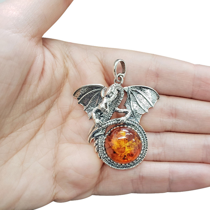 Cognac Amber Sterling Silver Dragon Pendant