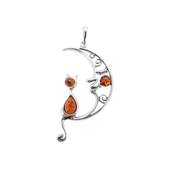 Cat On the Moon Cognac Amber Pendant