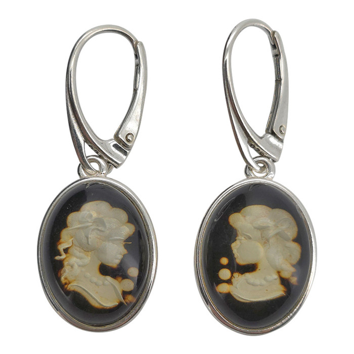 Lady Cameo Amber / Silver Dangle Earrings