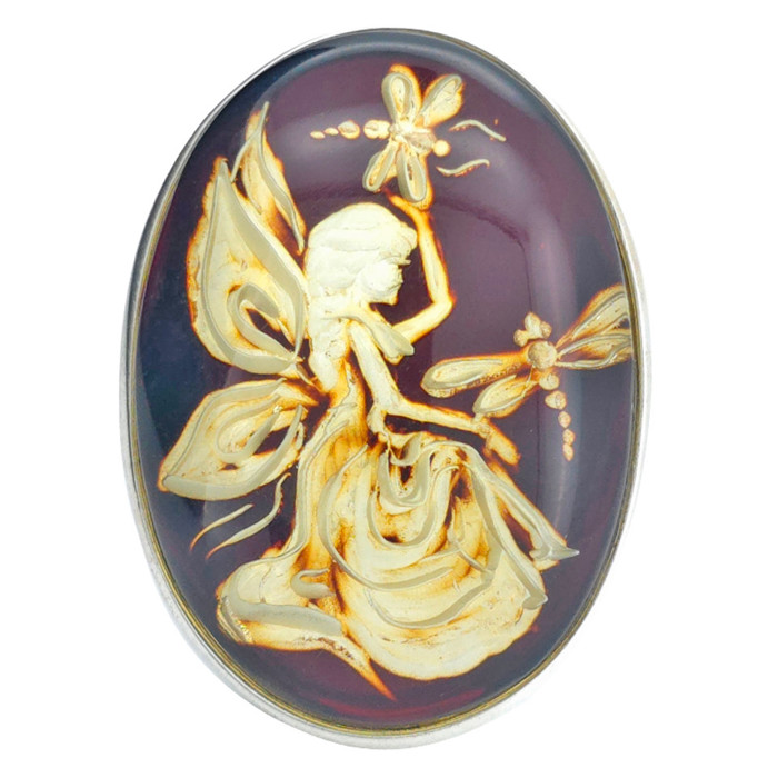 Fairy And Dragonflies Cameo Amber / Silver Adjustable Ring
