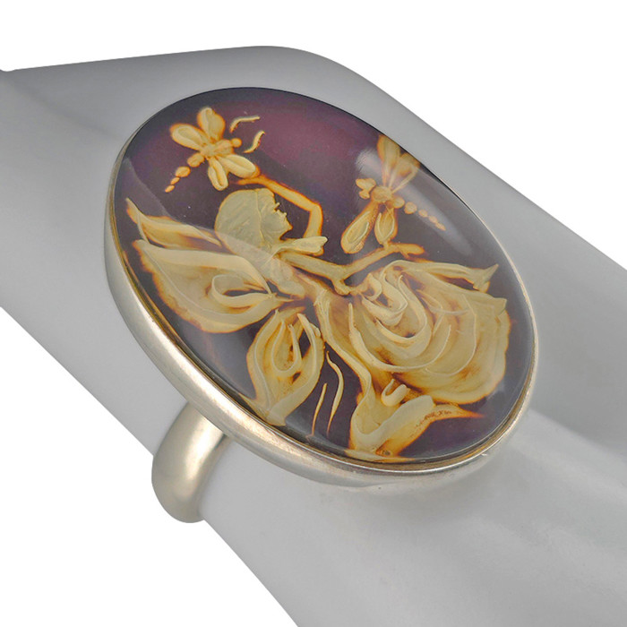Fairy And Dragonflies Cameo Amber / Silver Adjustable Ring