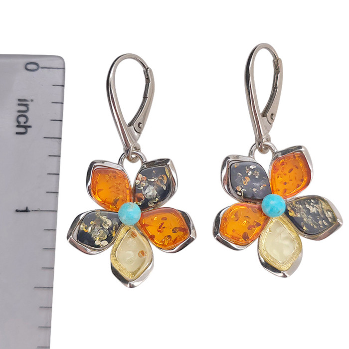 Multi-Color Amber and Howlite Sterling Silver Flower Zia Design Earrings