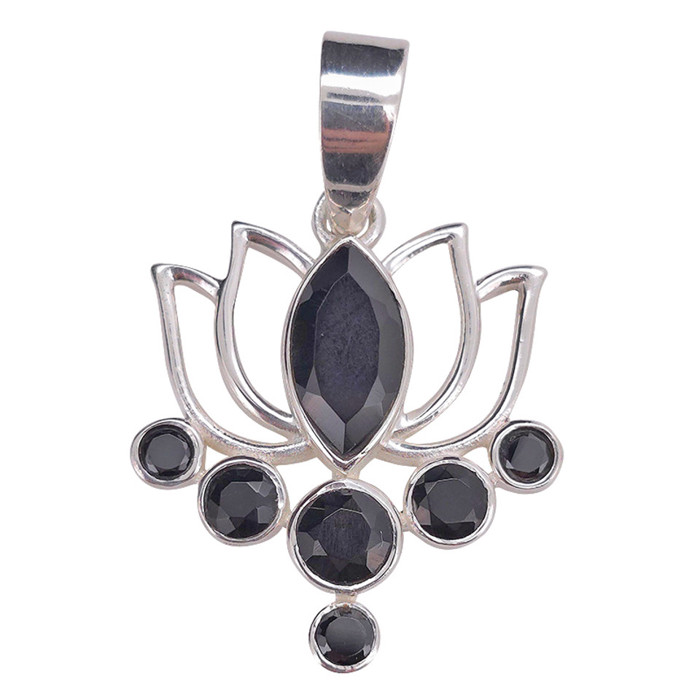 Faceted Black Onyx Sterling Silver Lotus Pendant