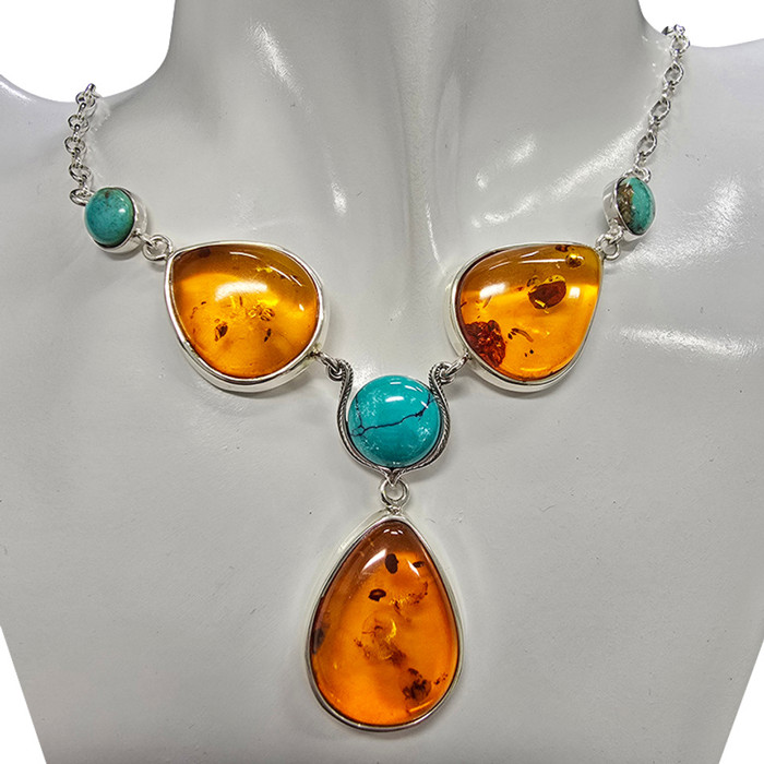 Amber, Turquoise Sterling Silver Necklace 24"