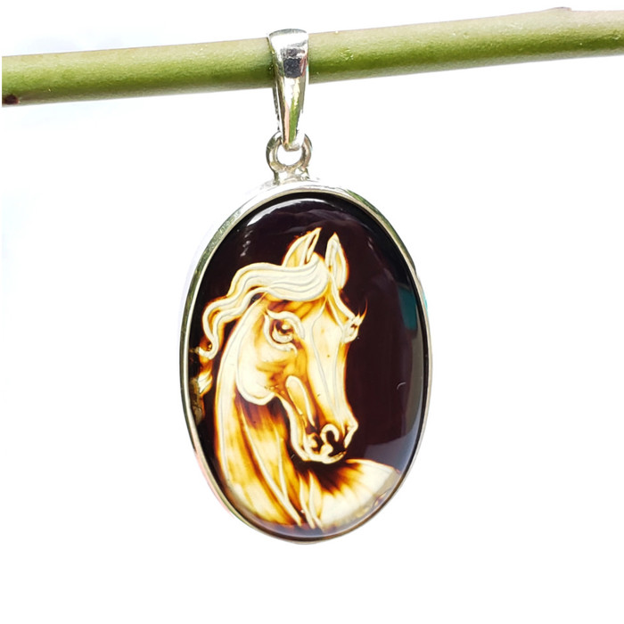 Hand Carved Horse Amber Pendant