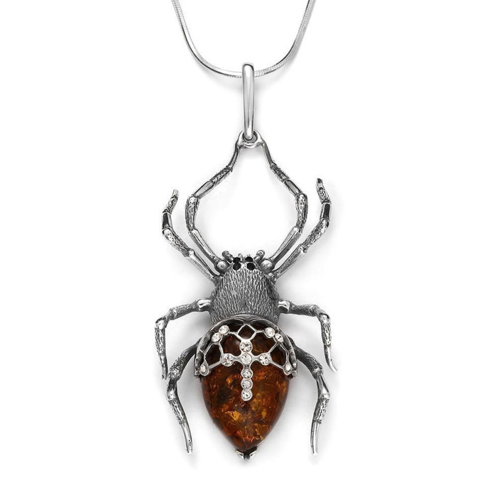 Cognac Amber Sterling Silver Spider Pendant 