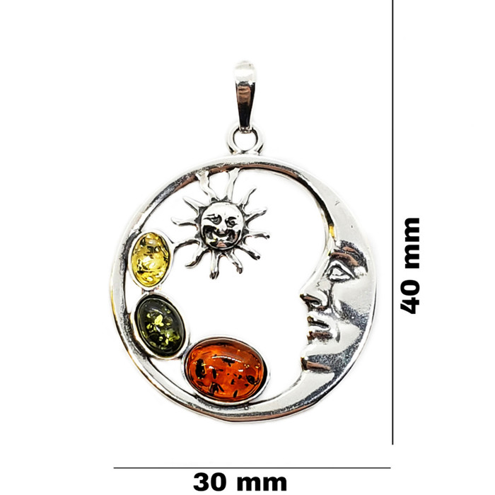 Multi Color Amber .925 Silver Sun and Moon Pendant