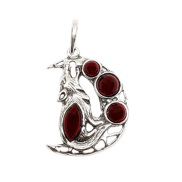 Amber Wolf On The Moon Pendant