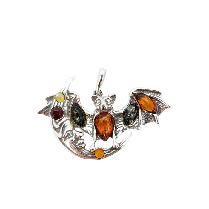 Bat on the Moon Multi color Amber /.925 Silver Pendant